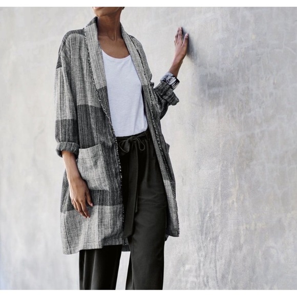 Eileen Fisher Sweaters - Eileen Fisher Hazy Blocks Organic Cotton Shawl Collar Jacket Sz L/XL Lagenlook
